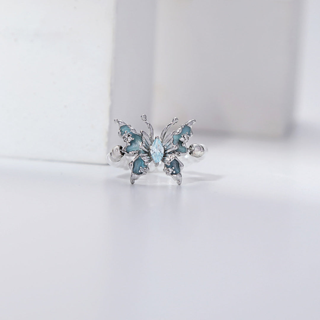 Sweet Blue Butterfly & Pearl Beaded Open Ring