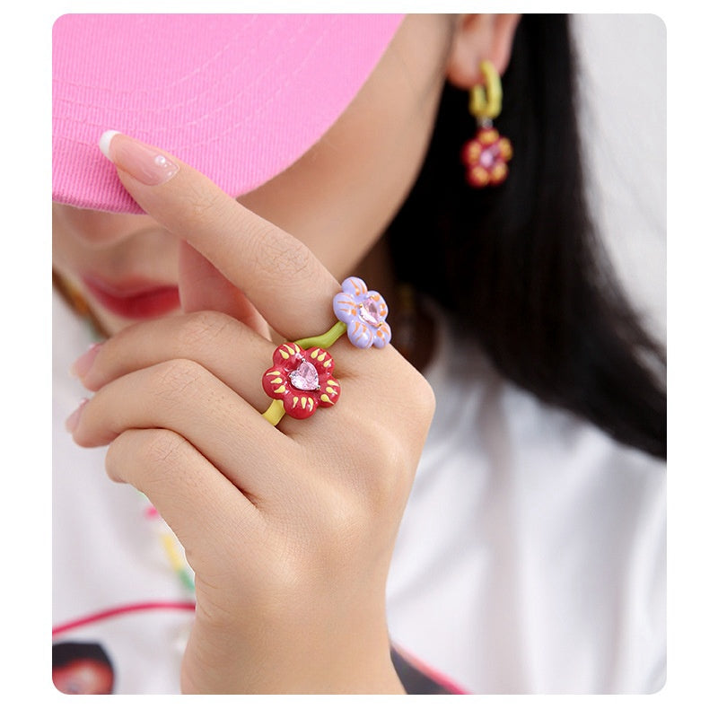 Cute Sweet Flower Heart-shaped Zircon Ring