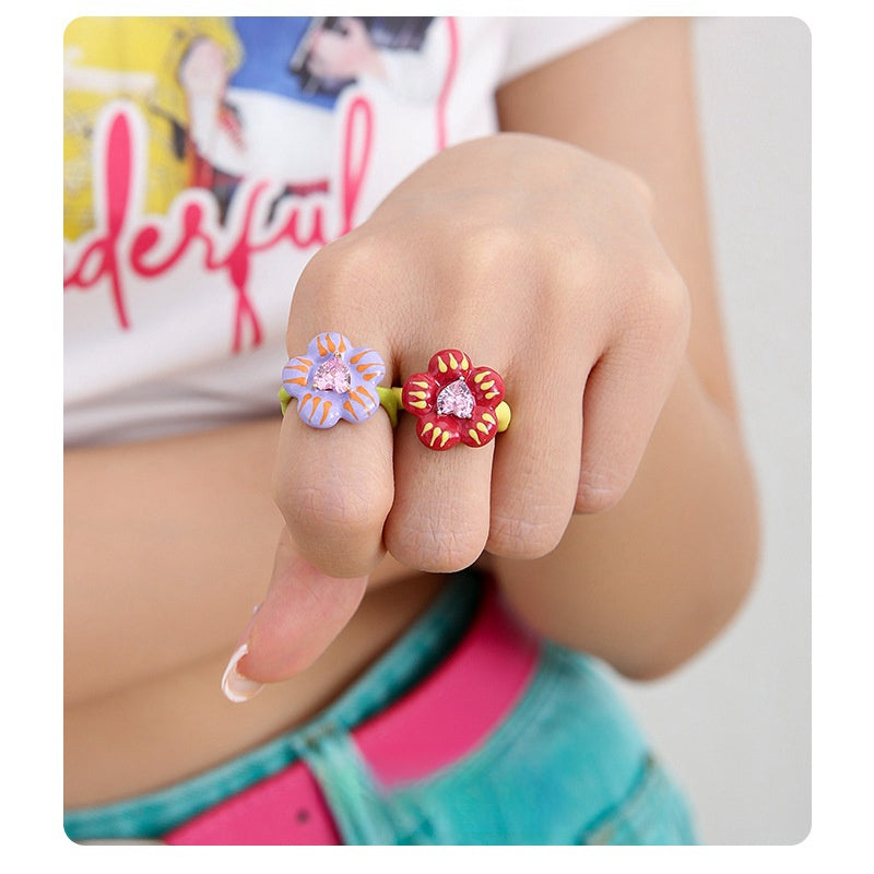 Cute Sweet Flower Heart-shaped Zircon Ring