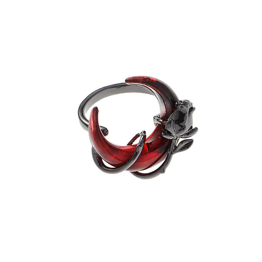 Vintage Punk Dark Red Half Moon & Black Rose Ring