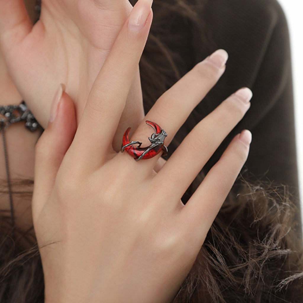 Vintage Punk Dark Red Half Moon & Black Rose Ring