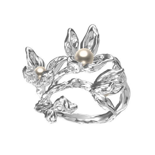 S925 Silver Women Flower Pearl Adjustable Ring