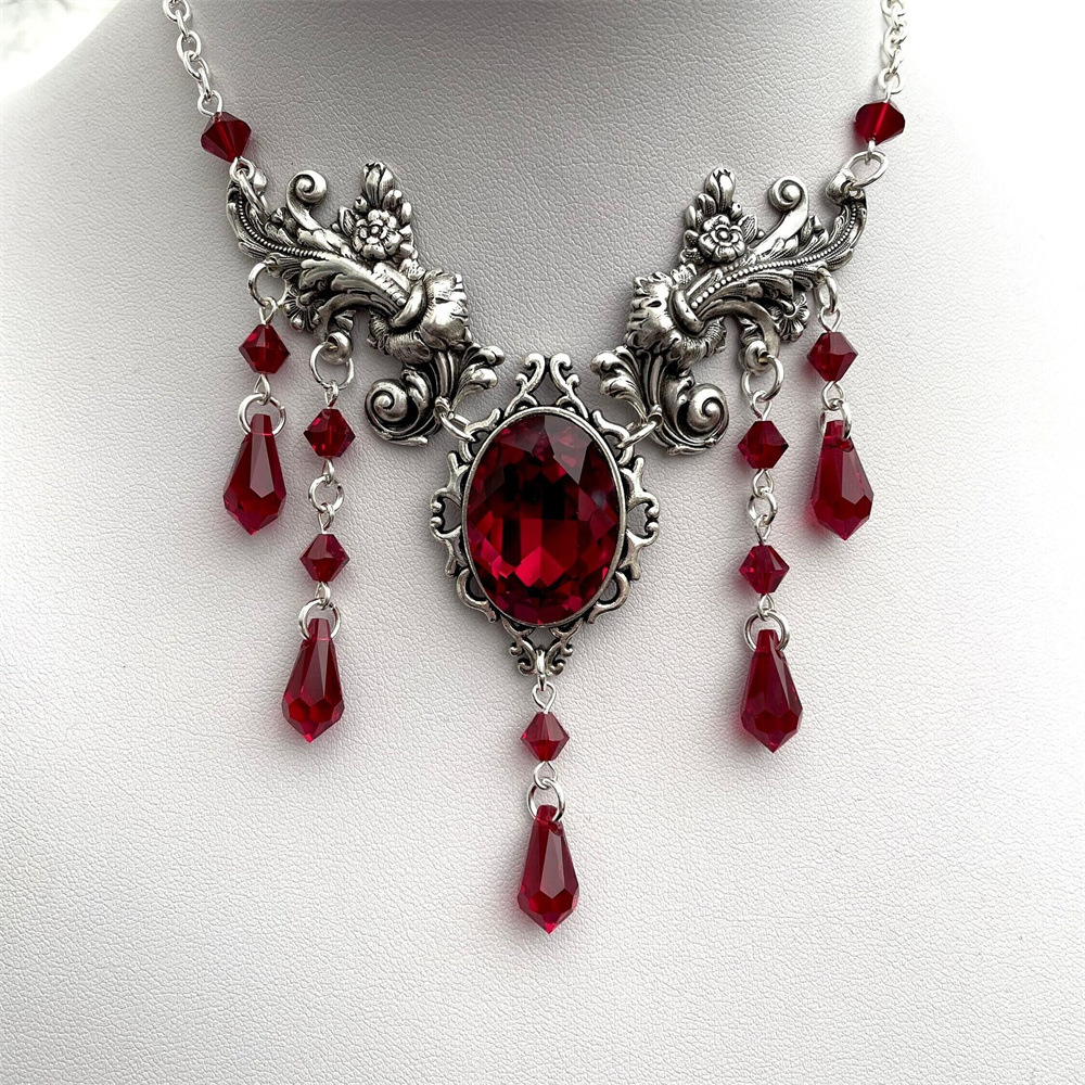 Gothic Style Red Rhinestone Flower Choker Necklace