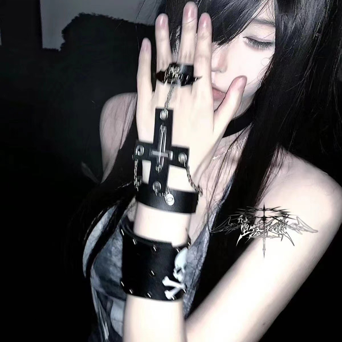 Gothic Style Punk Girl Black Cross Bracelet