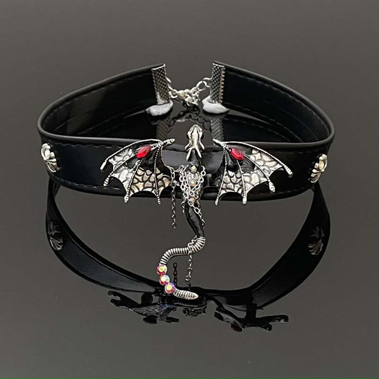 Unique Designer Black Dragon Leather Choker Necklace