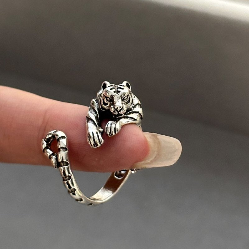 Unisex Silver Cute Little Tiger Open Ring