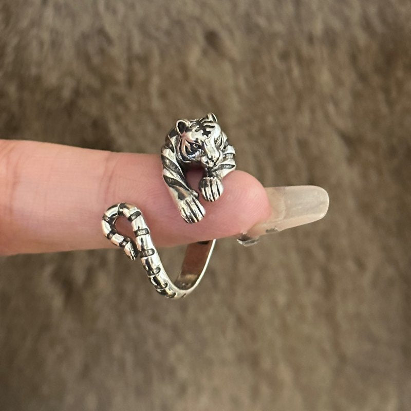 Unisex Silver Cute Little Tiger Open Ring