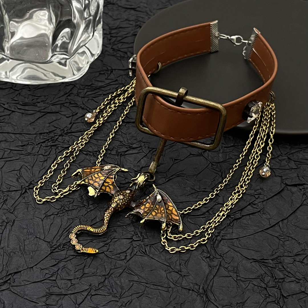 Women Brown Dragon Tassel Leather Choker Necklace