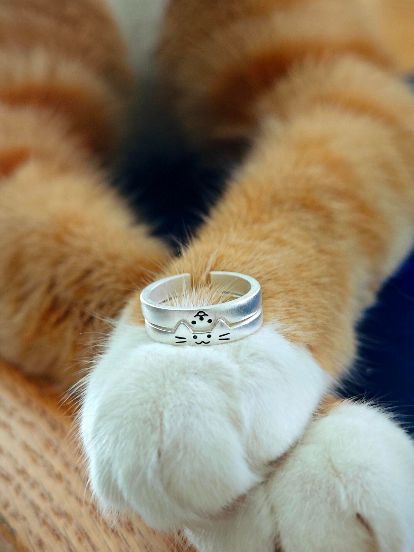 Cute Silver Cat & Dog Couple Open Rings