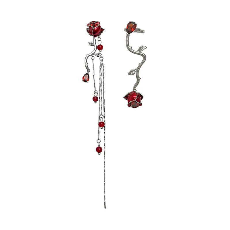 Designer Asymmetrical Red Rose Ear Cuff(no ear piercing)