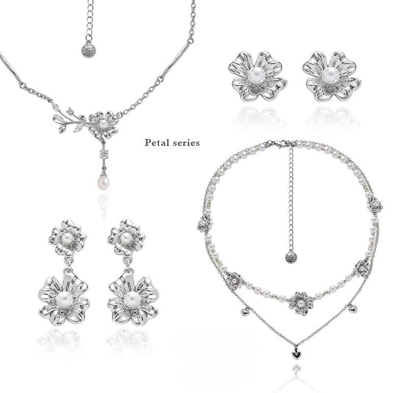 Women Sweet Silver Flower Petal & Pearl Series