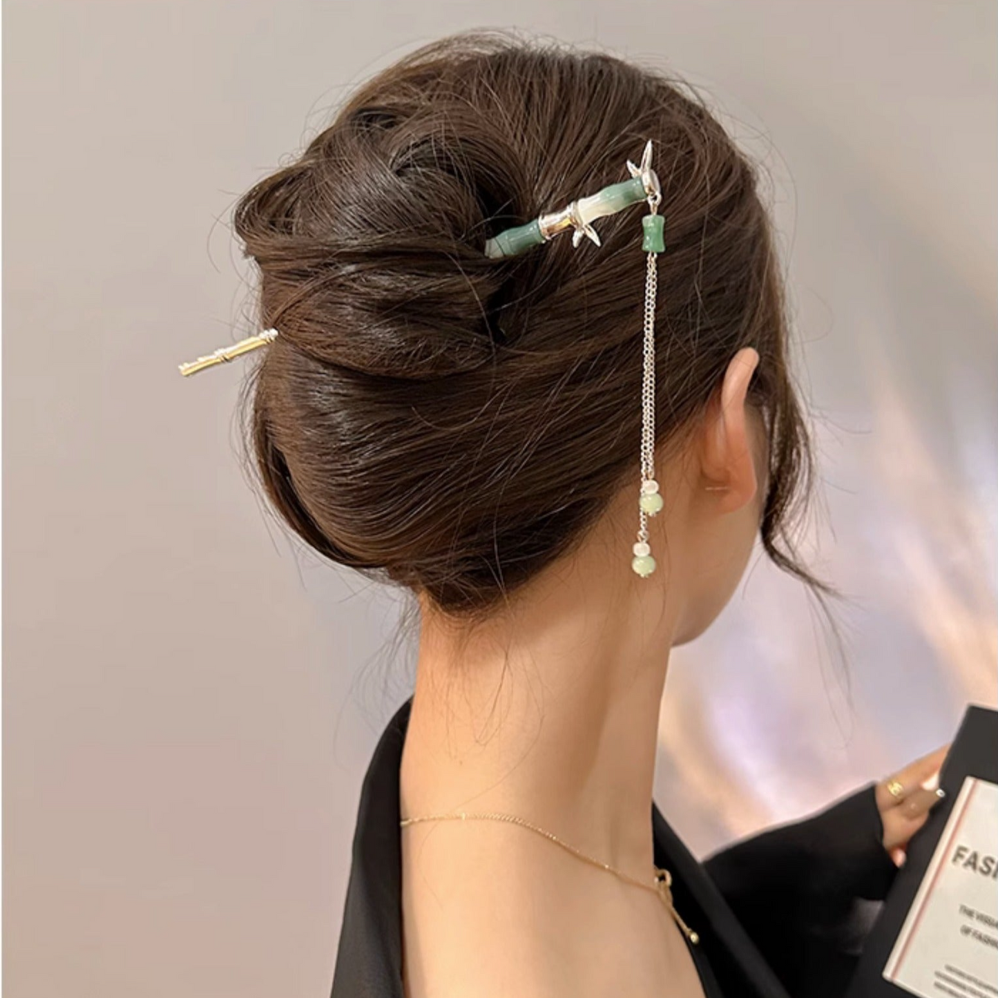 Women Designer Green Bamboo Tassel Hairpin