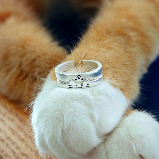 Cute Silver Cat & Dog Couple Open Rings