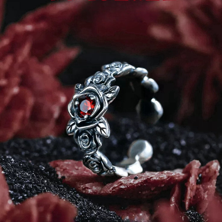 S925 Silver Vintage Red Rose Ring